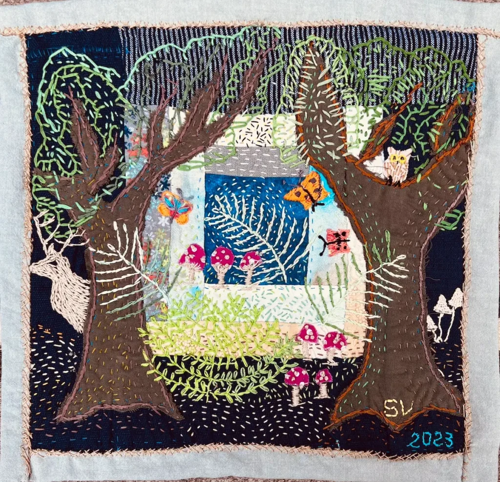 Deer in the woods embroidered collage by Susana Vizcarra