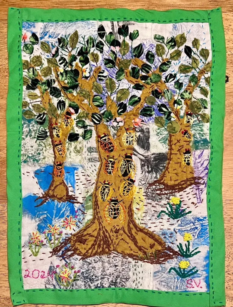 Trees and cicadas embroidered collage by Susana Vizcarra